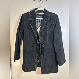 Denim & Co. Leather Suede Tie Front Hip Length Braided Edges Black Size Large
